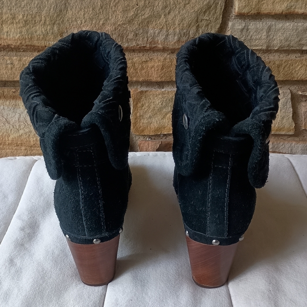 UGG Elegant Black Suede Leather With Sheepskin Women's Clog Wooden Sole Boots_7 - Picture 9 of 10